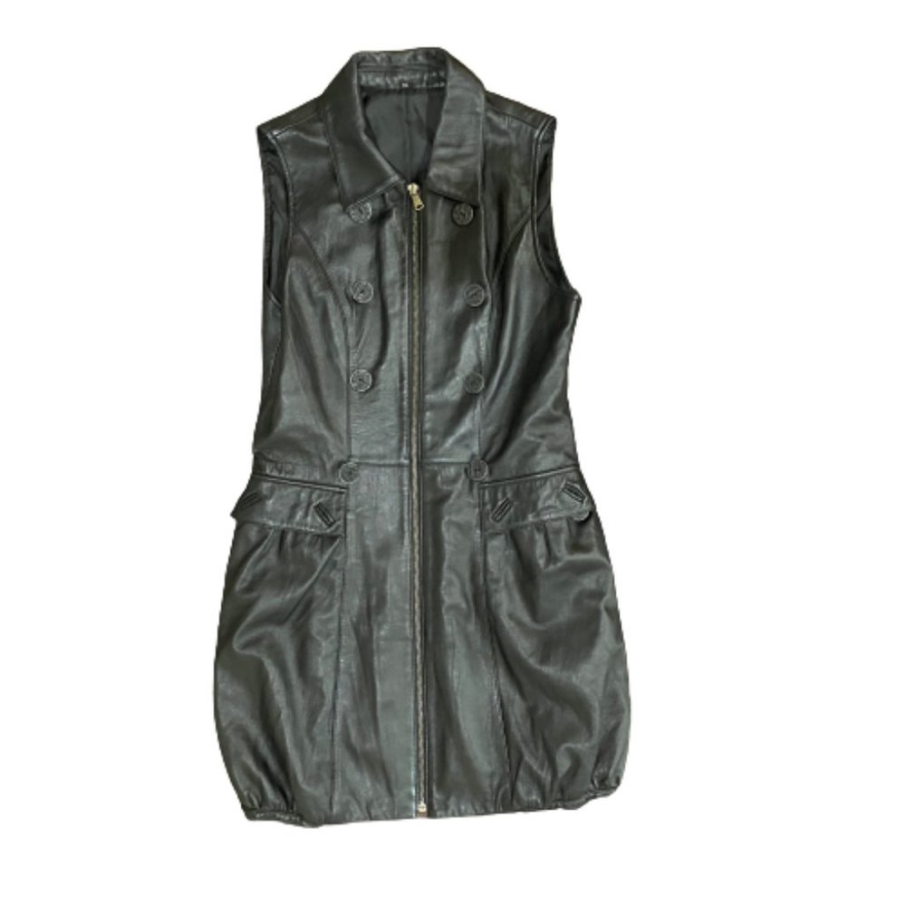 Women's Black Leather Zip Front Sleeveless Mini Dress Size Small (S)